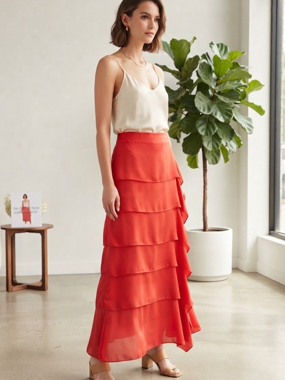 Red Layered Chiffon Women’s Top - , Size M